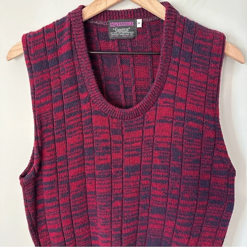 Expressions By Campus Vintage Sz M 70s 80s Sweater Vest Red Navy USA Made Wool - Picture 2 of 8